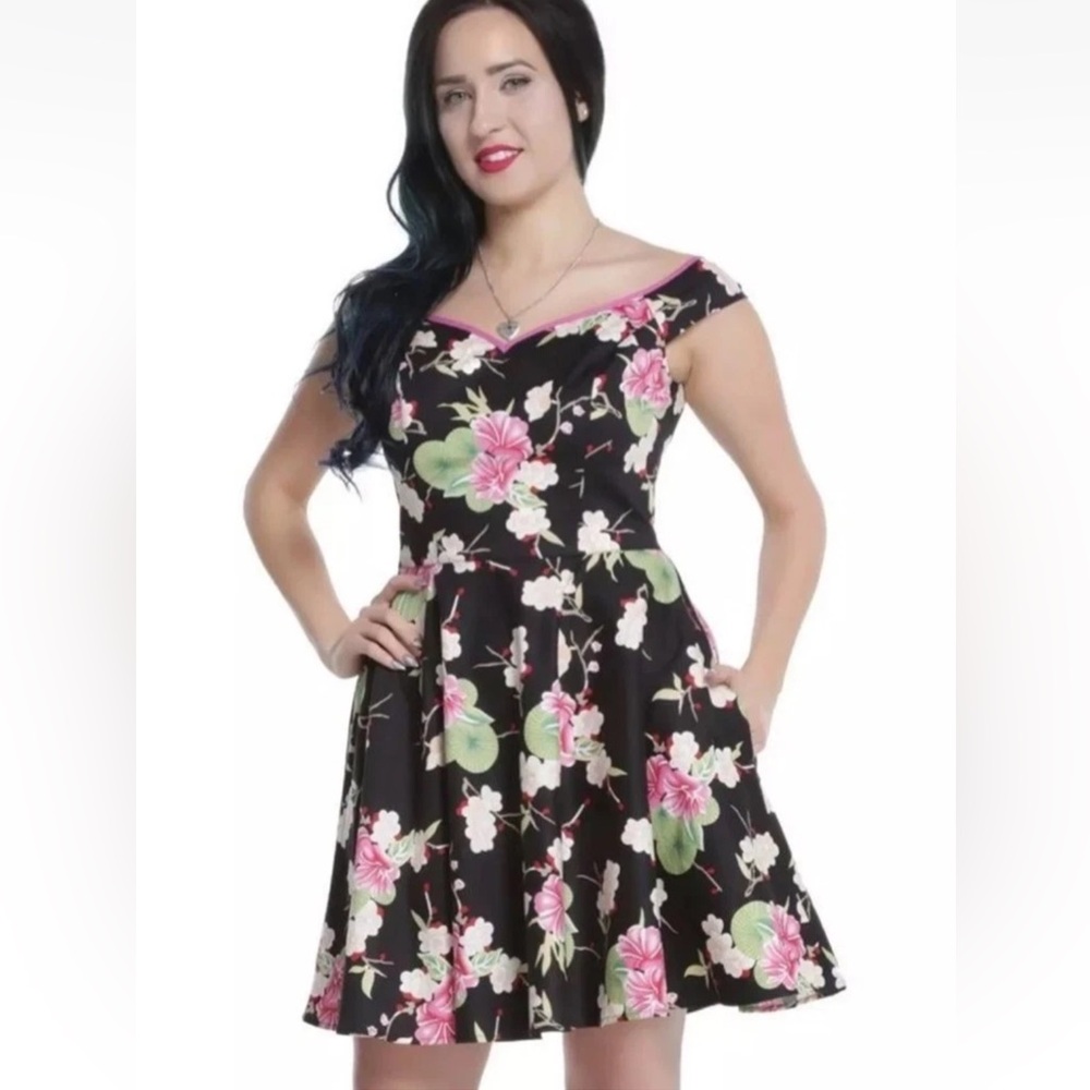 Hell Bunny MED Freya Cherry Blossom Rockabilly Floral Off Shoulder Black Dress